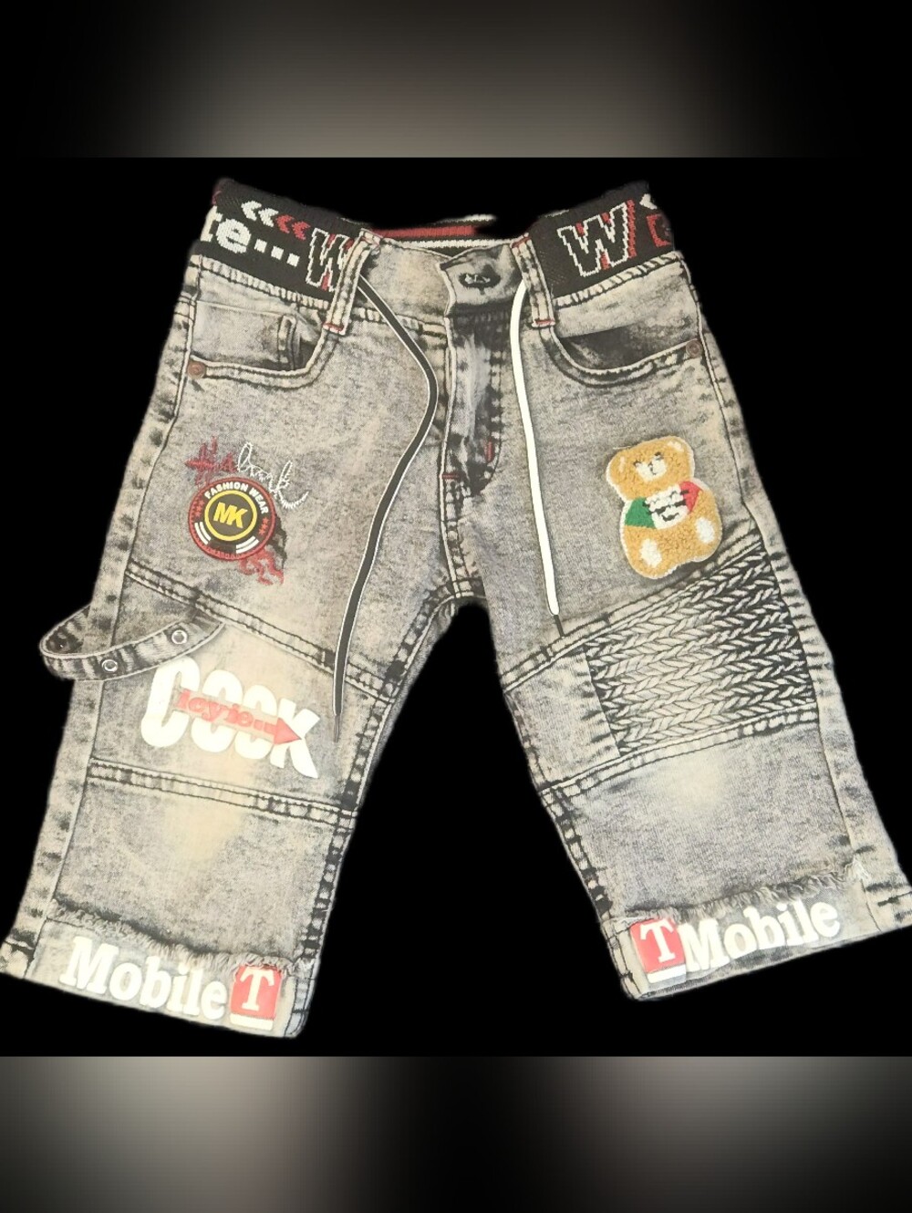 #KB52 Kids Grey Washed Graphic Jeans with Teddy Patch
